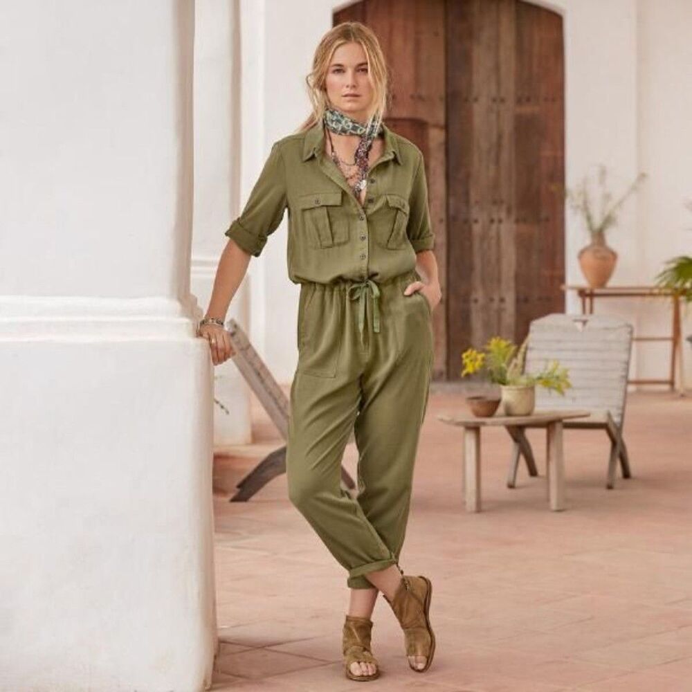 Sundance Womens Jumpsuit Green Wayside Roll Tab Sleeve Waist Tie Utility XS